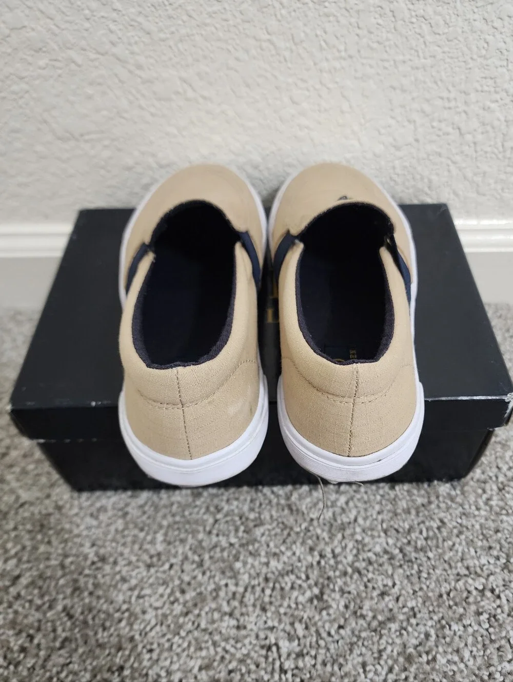 Polo by Ralph Lauren Beige Canvas Slip-On Loafers with Navy Trim